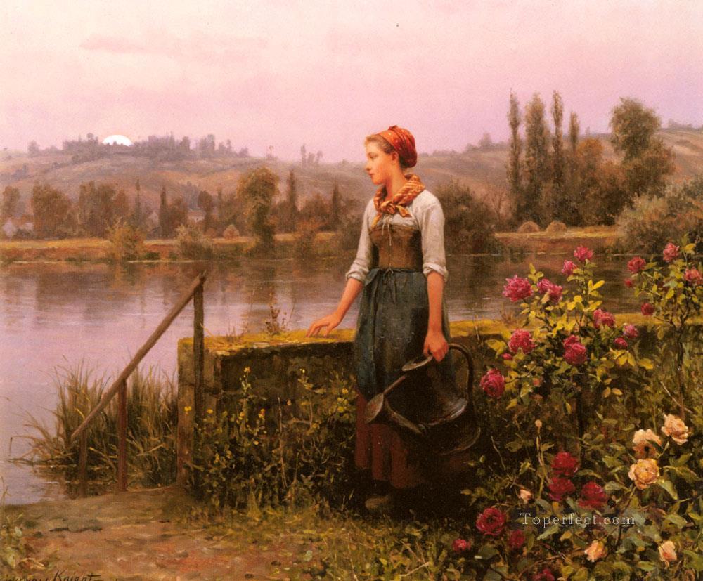 A Woman With A Watering Can By The River countrywoman Daniel Ridgway Knight Oil Paintings